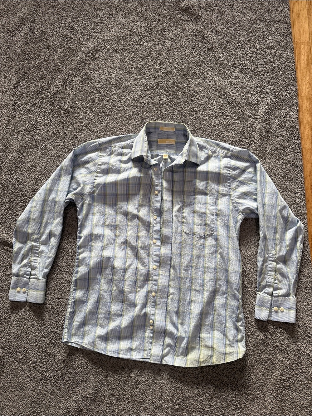 Michael Kors Men's Light Blue, White and Green Plaid Dress Shirt